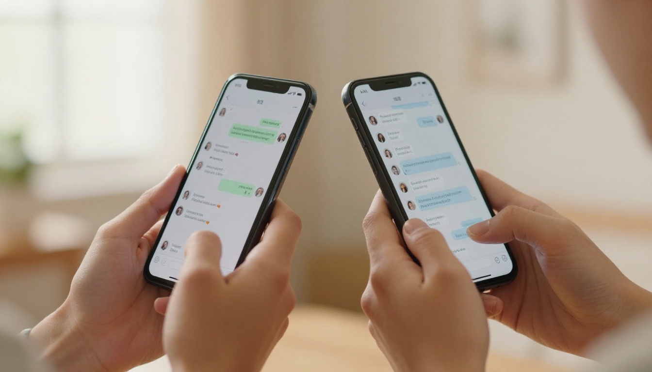 Two hands holding phones, fingertips nearly touching across warm bokeh background