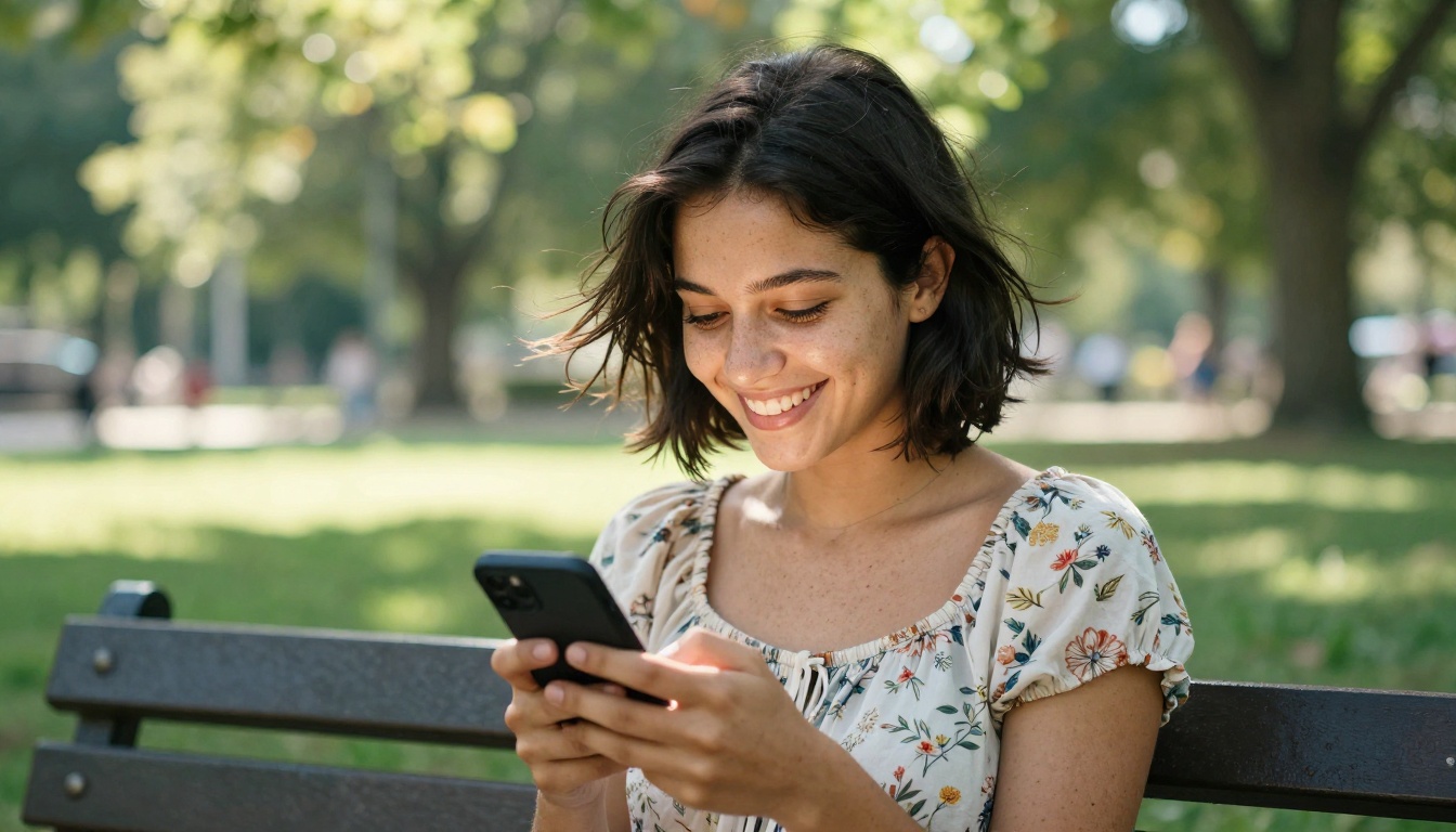Young woman smiling at her phone on a park bench, dappled sunlight through trees