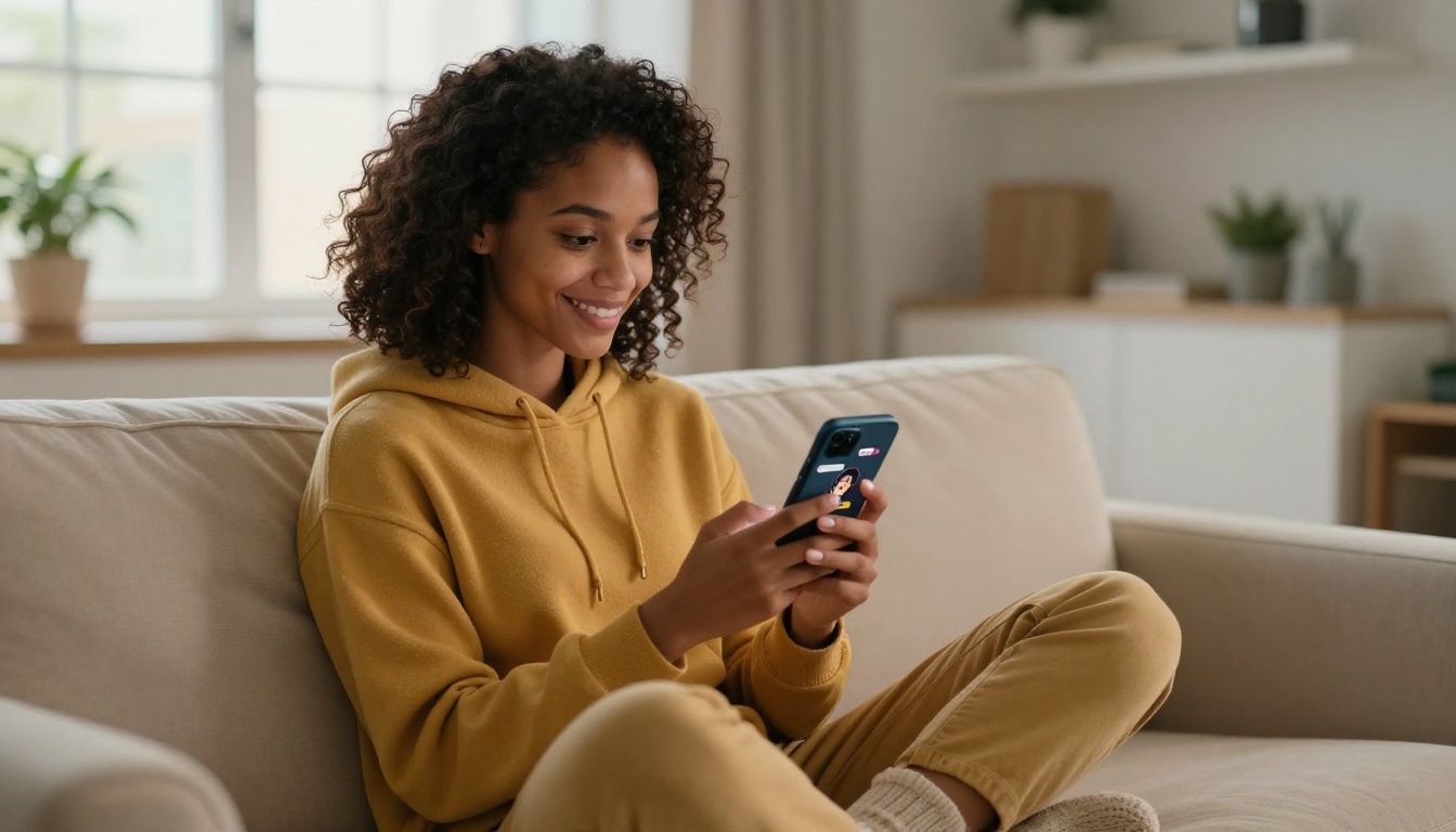 A woman sitting on a cream sofa, smiling at her phone displaying an AI companion character
