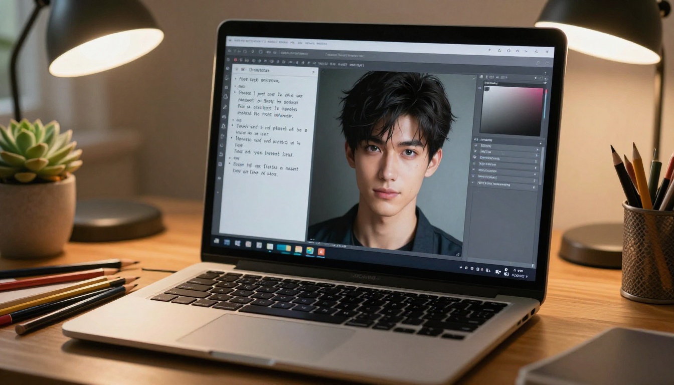 Close-up of a laptop screen showing a character design interface with personality notes and an AI-generated character portrait
