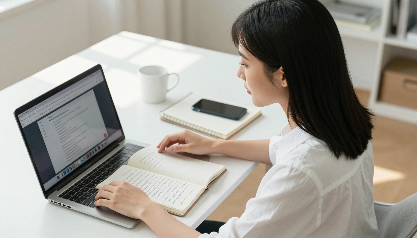 A young woman at a bright white desk using an LLM chat interface on her laptop, notebook open beside her with handwritten character notes