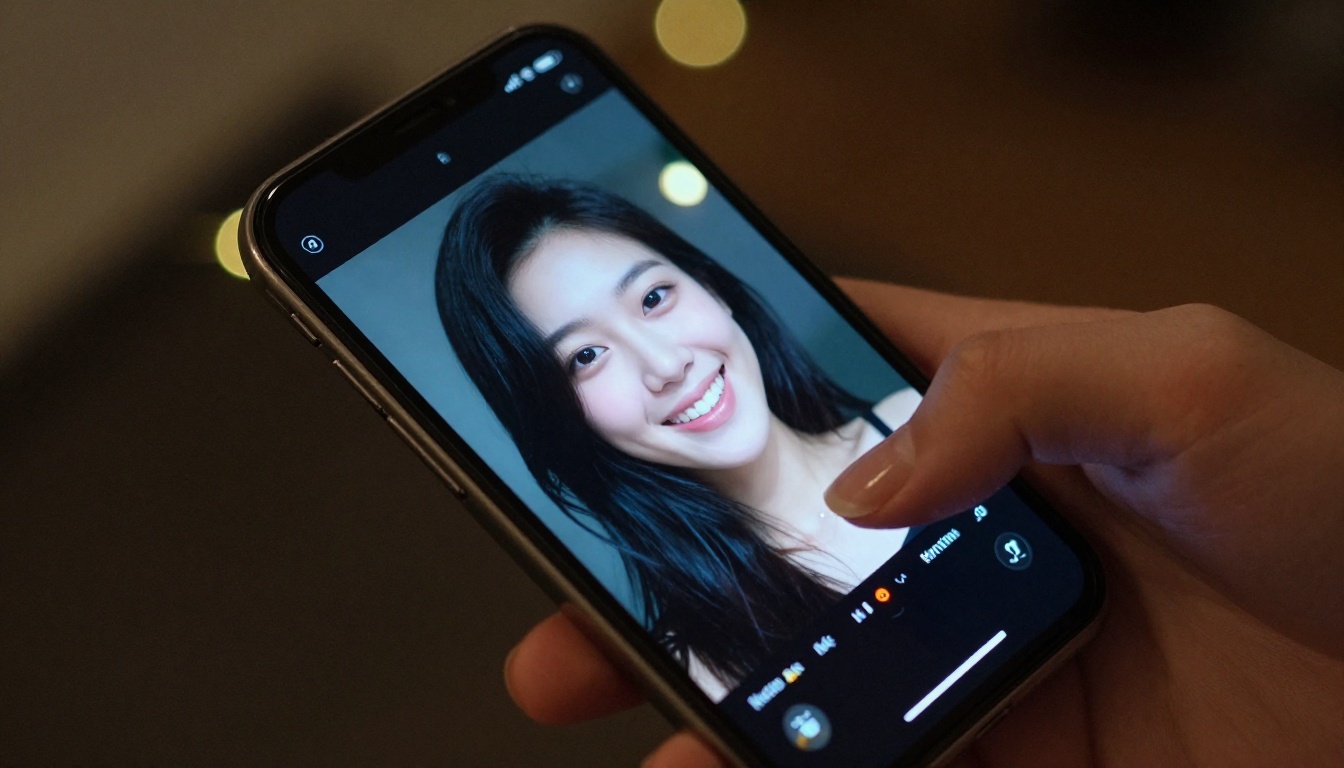 A hand holding a smartphone with a rendered AI companion character glowing on screen, surrounded by bokeh fairy lights