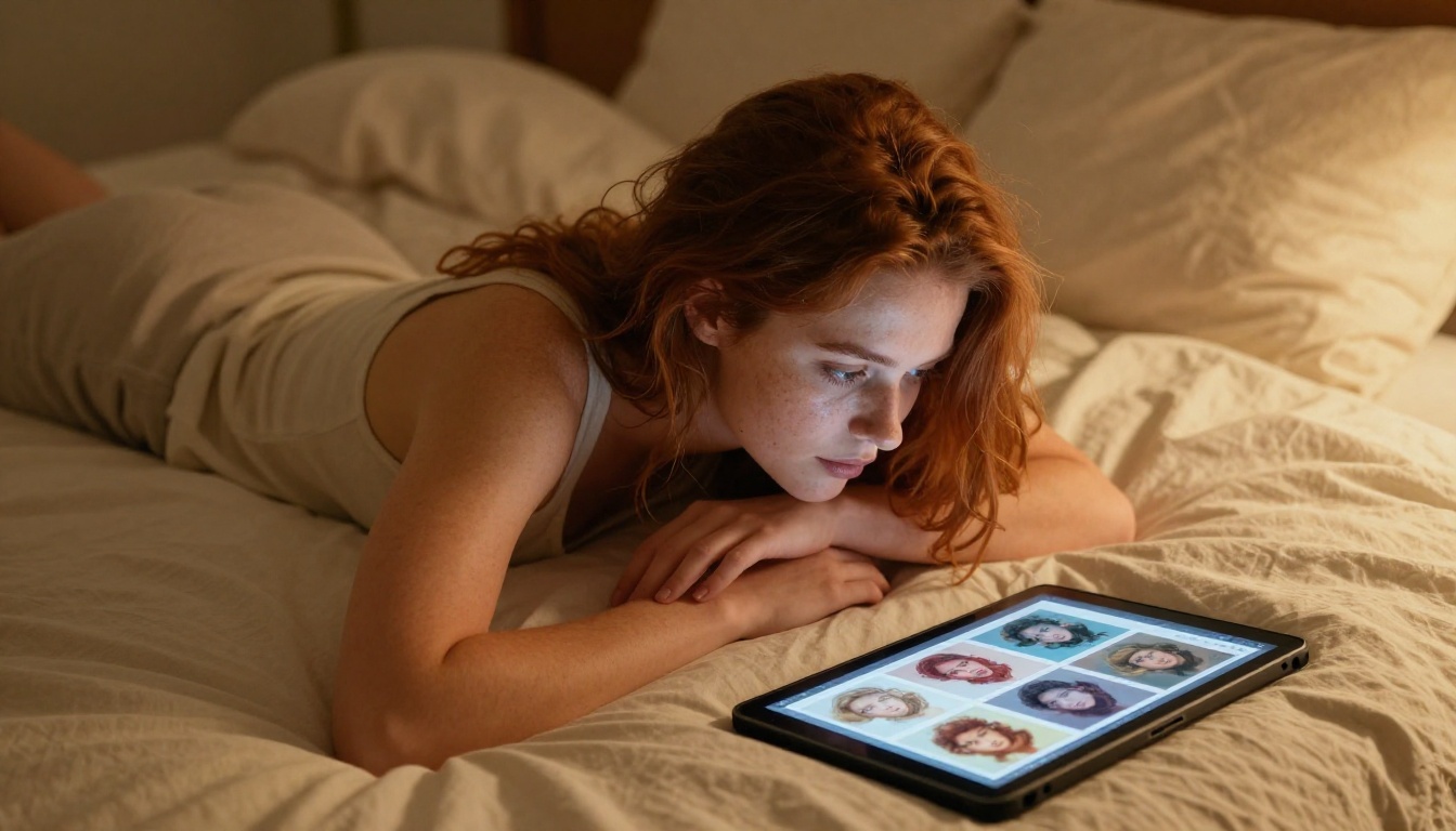 A woman lying on cream linen sheets looking at a tablet showing a grid of AI-generated character portraits