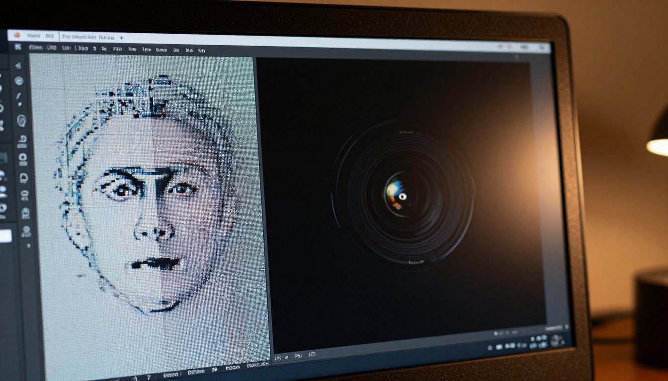 Before and after AI image upscaling comparison on monitor