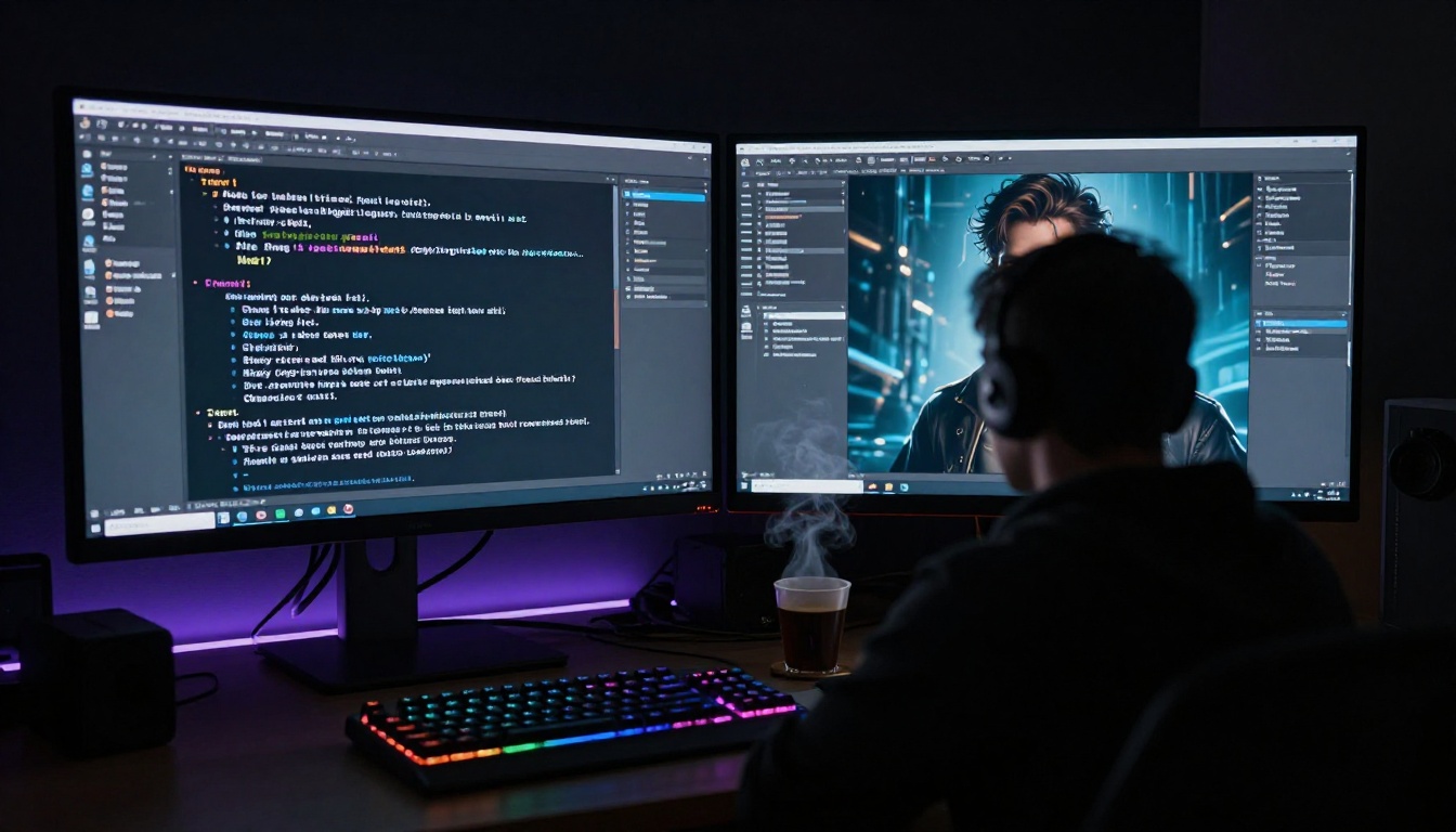 A dark studio with dual monitors showing an LLM personality chat on one screen and a generated character portrait on the other