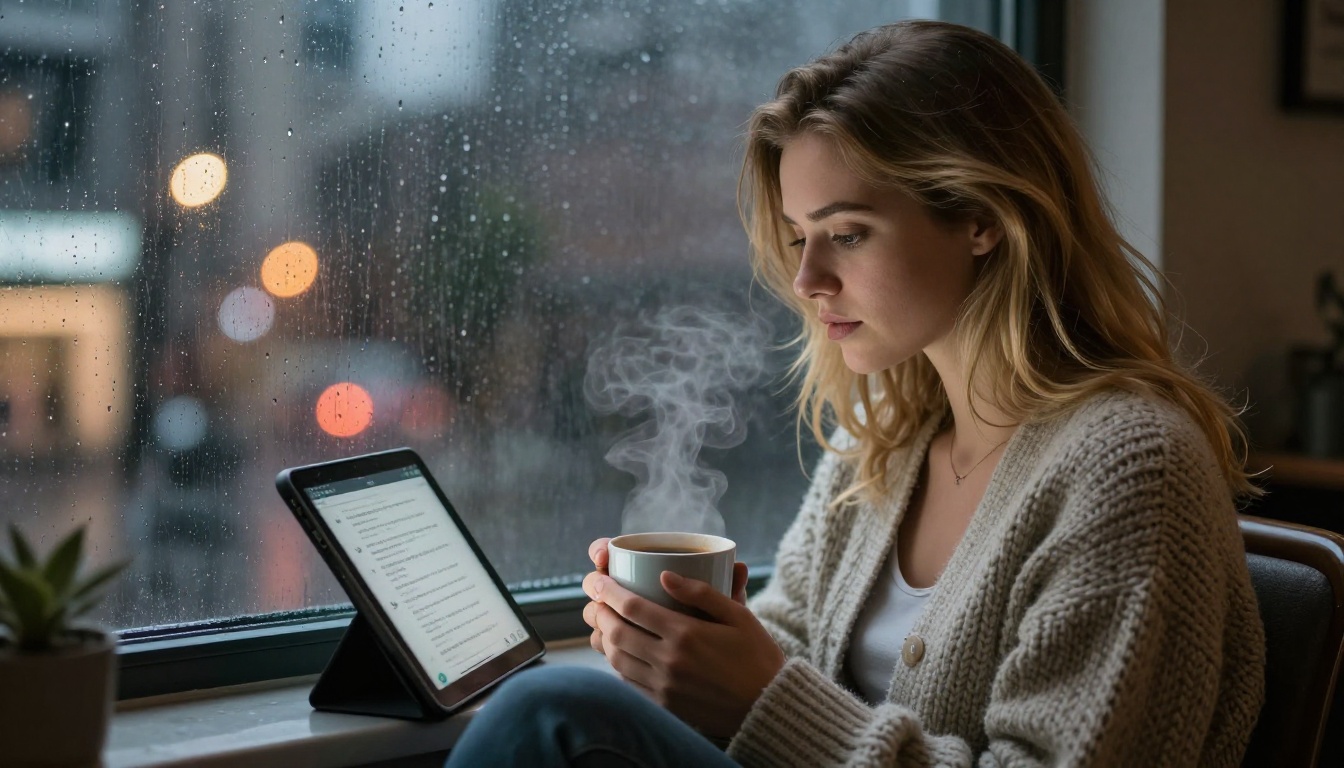 A young blonde woman in a knit cardigan sitting in a rain-streaked window seat, looking at a tablet with an AI chat open, city lights visible outside