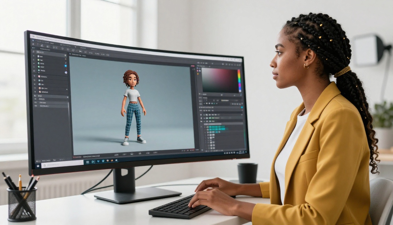 A woman with braids in a mustard blazer looking at a large monitor showing a 3D character model in a modeling interface