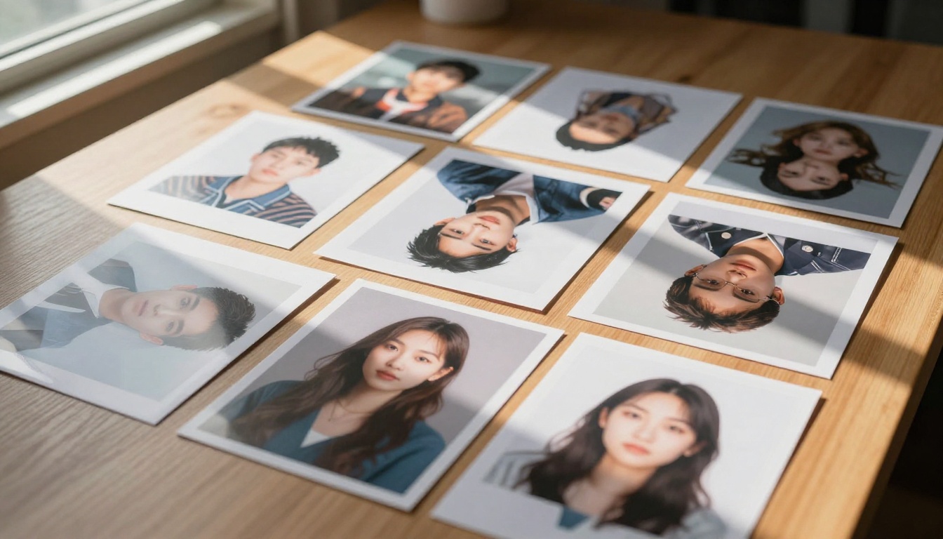 Aerial view of printed AI artworks arranged on a wooden desk