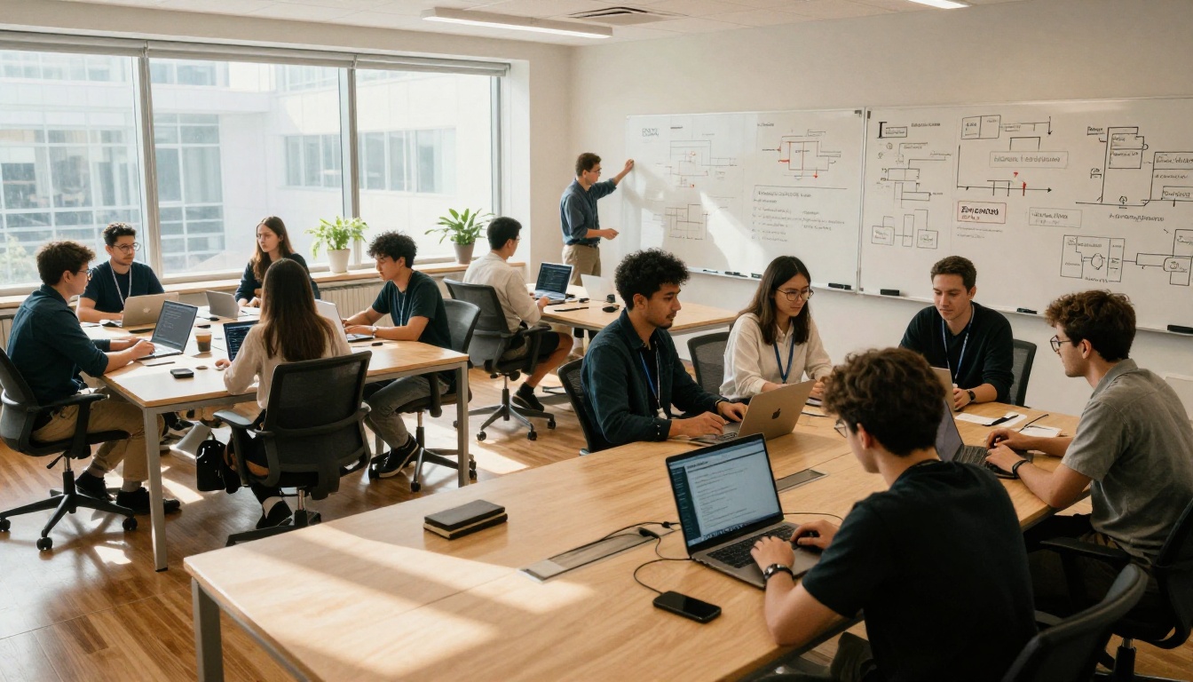 Developers collaborating in a modern tech office reviewing AI policy diagrams on whiteboards