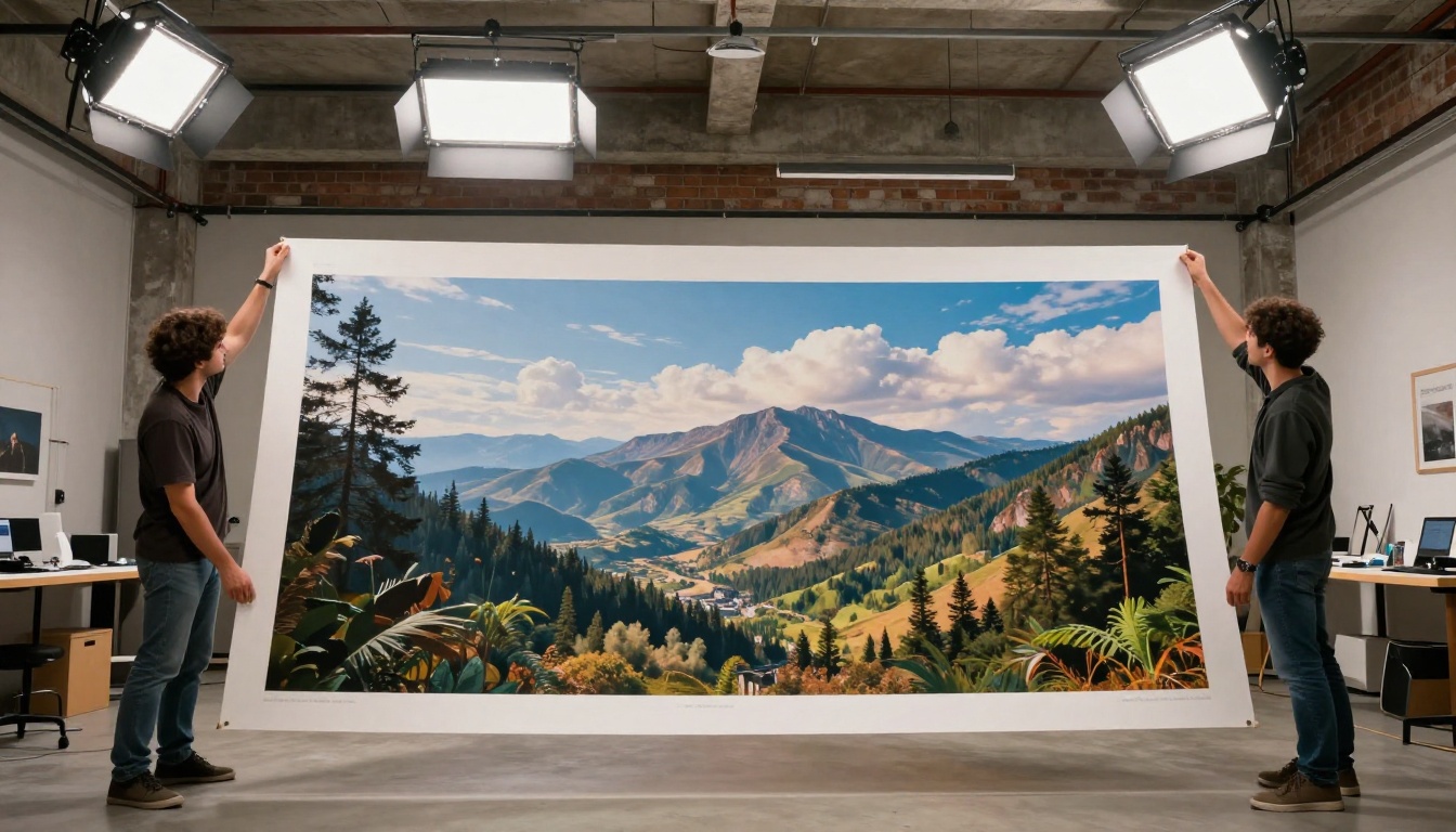 Two creatives examining a large format AI art print in industrial studio