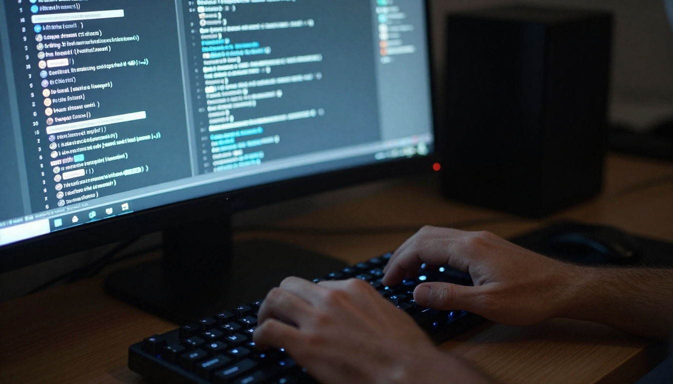 Close-up of hands typing on a mechanical keyboard with an AI chat interface glowing on a curved monitor