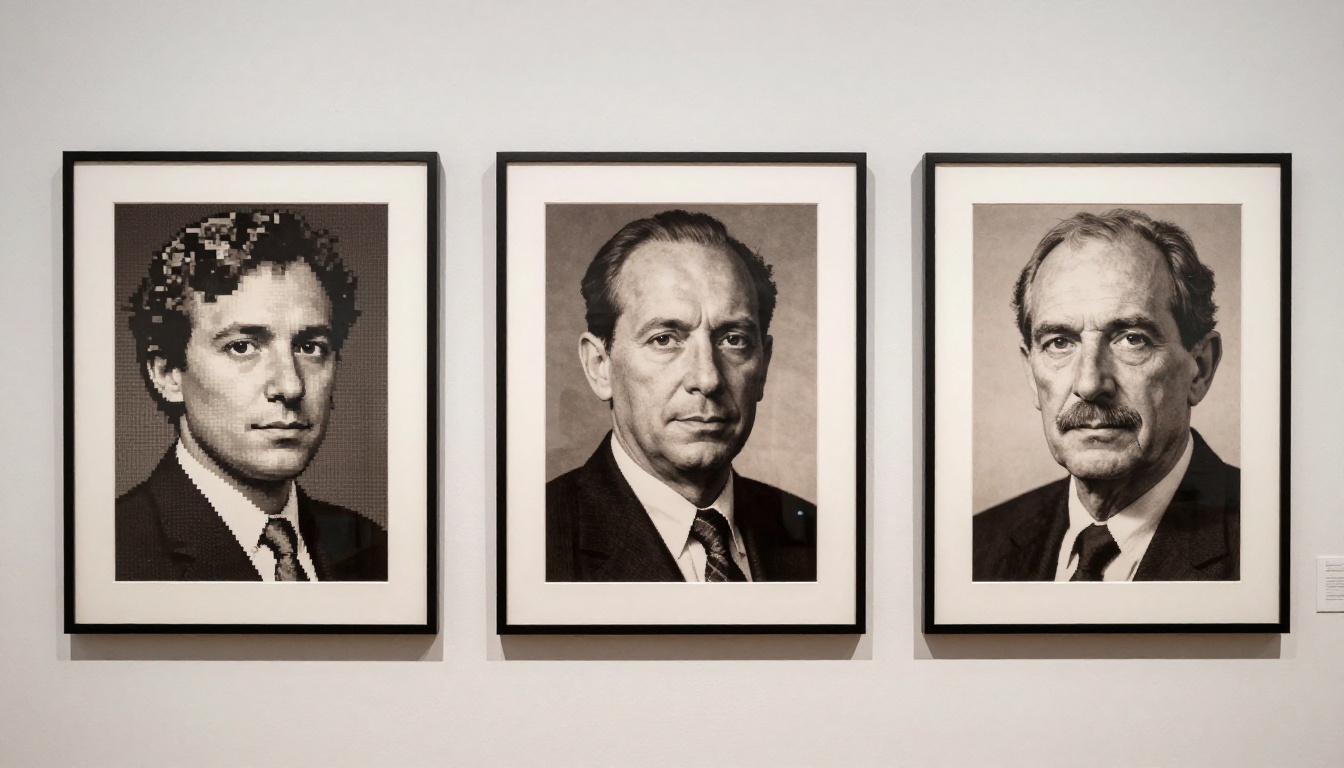 Gallery wall showing three AI portrait prints at increasing resolution levels