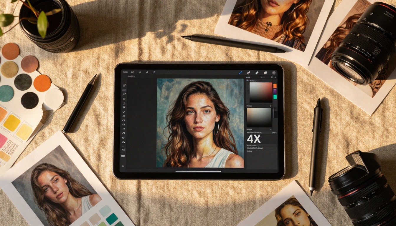 Tablet displaying PicassoIA upscaling interface surrounded by creative tools