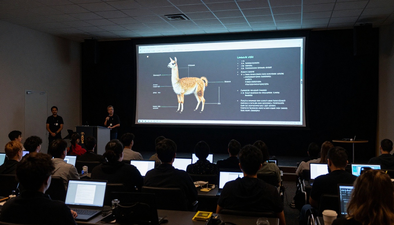 Packed auditorium at an AI open-source community conference with projection screen showing Llama model diagrams