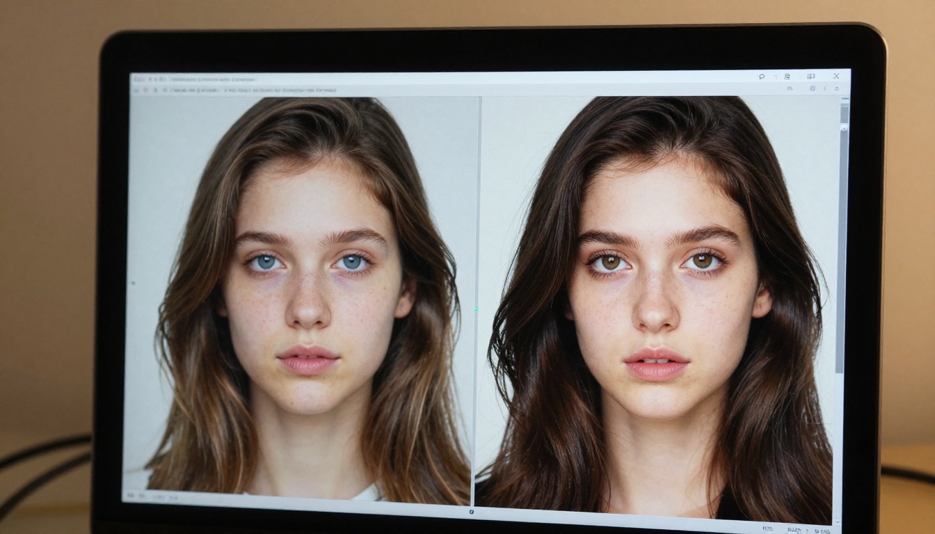 Close-up screen view of 2x2 grid showing AI faces at different upscale stages