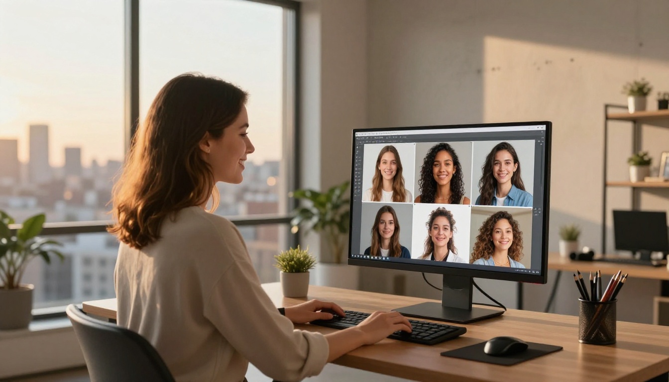 Young woman smiling at completed batch of 50 upscaled AI artworks on monitor