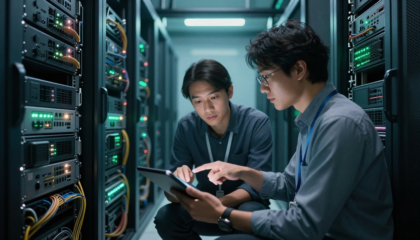 Two software engineers in a server room examining AI safety documentation on a tablet, surrounded by illuminated server racks