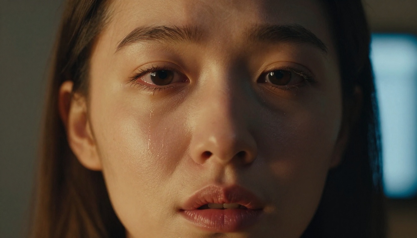 Close-up of a woman's face mid-speech, single tear on her lash line, warm golden side lighting, hyperrealistic skin texture