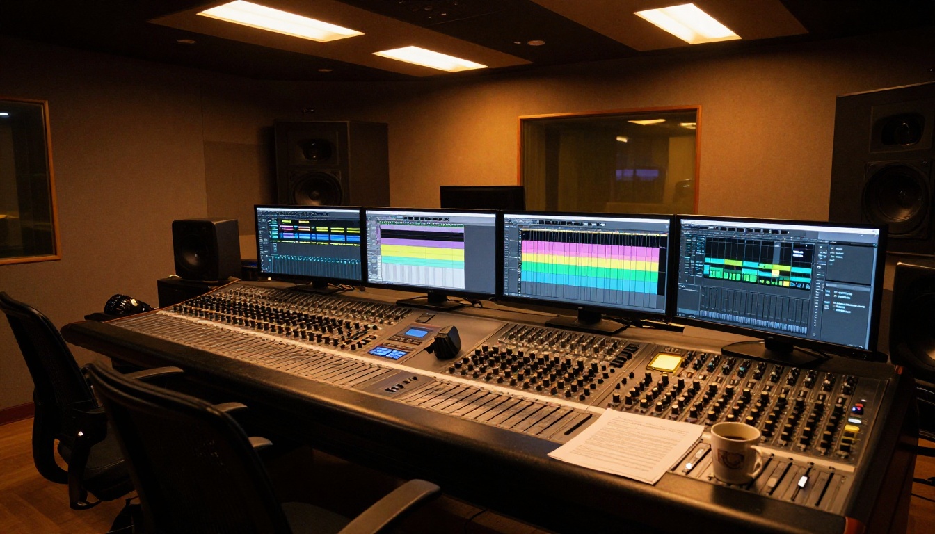 A studio control room with multiple monitors displaying emotion-tagged waveforms, intimate amber lighting