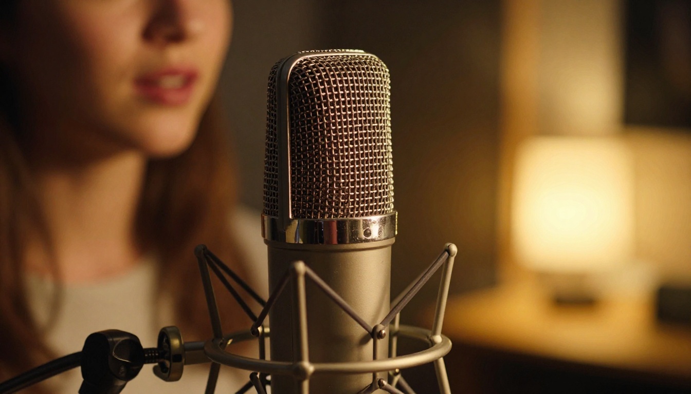 A large-diaphragm condenser microphone close-up with soft amber halo lighting, woman's lips visible in bokeh background