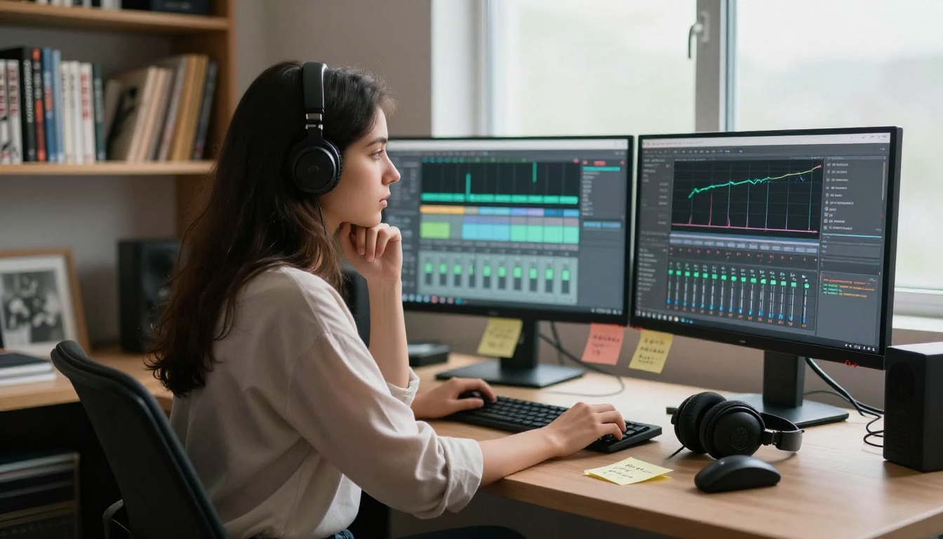 A young woman at a home studio desk with dual monitors showing voice synthesis software, soft diffused window light, focused expression