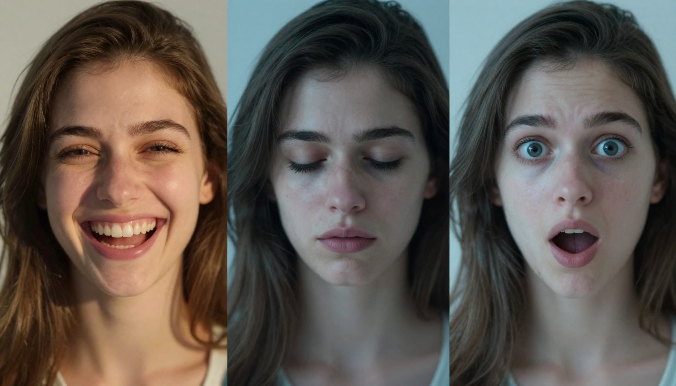 Three-panel composition of a woman's face showing joy, melancholy, and excitement, each lit differently, photorealistic micro-expressions
