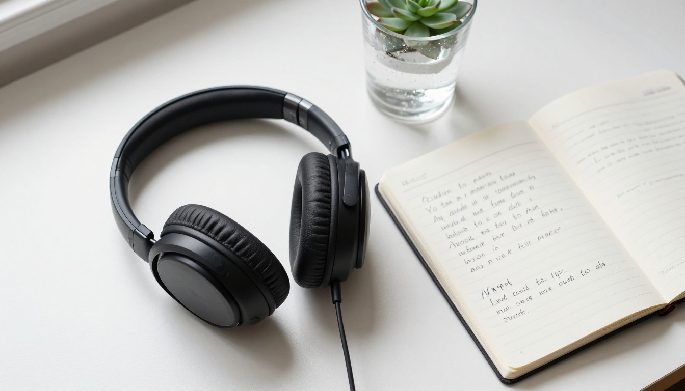 Studio headphones on a minimalist white desk beside a notebook of handwritten vocal notes, soft diffused window light from above