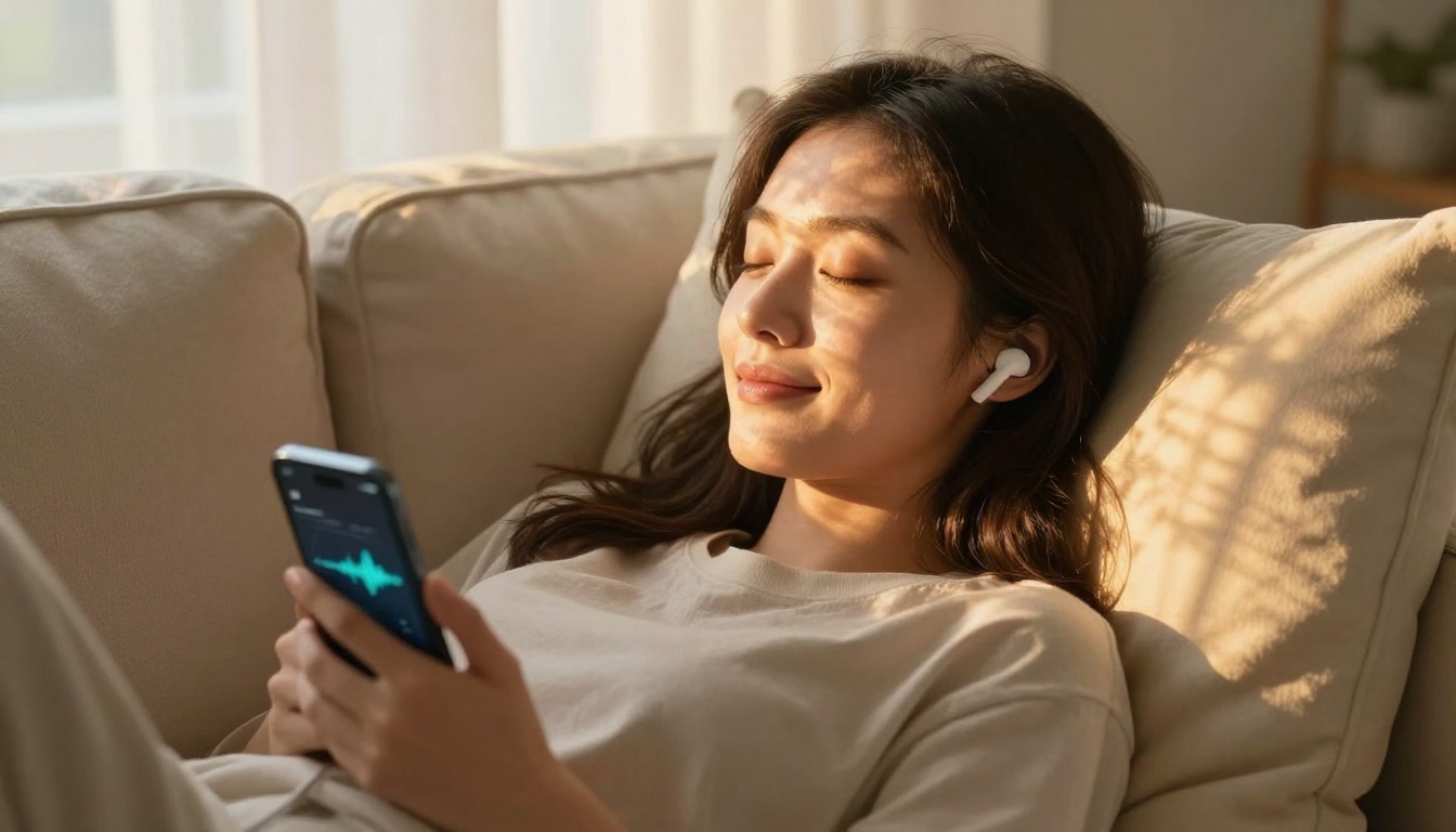 A young woman lying on a sofa with eyes closed, wireless earbuds in, a soft smile, golden afternoon light streaming through sheer curtains