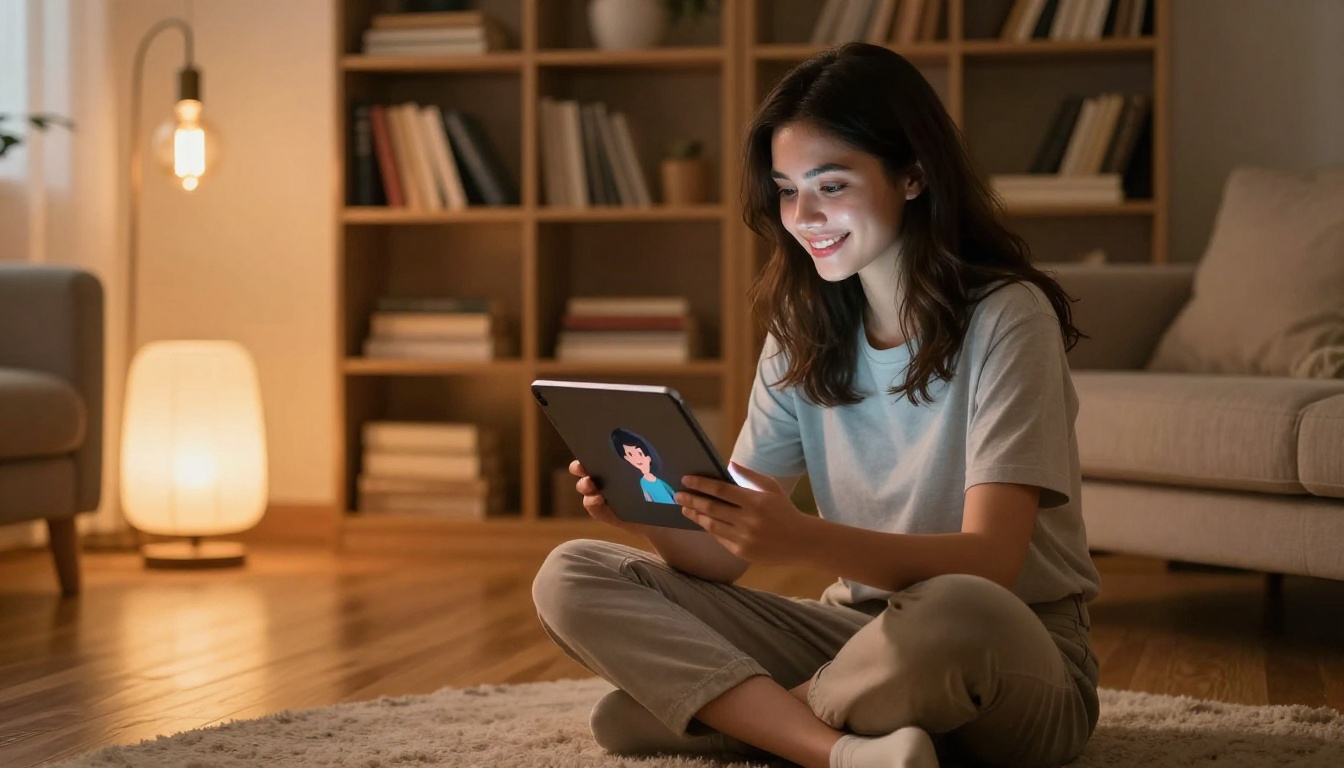 A young woman sitting cross-legged on a wooden floor, warm tablet glow on her face, engaged smile, cozy home setting with Edison lamp lighting
