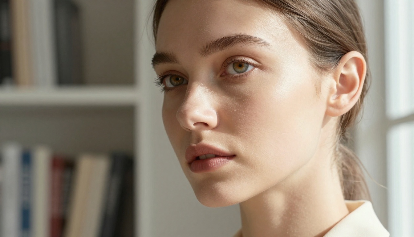 Photorealistic close-up portrait of a woman with soft natural window lighting