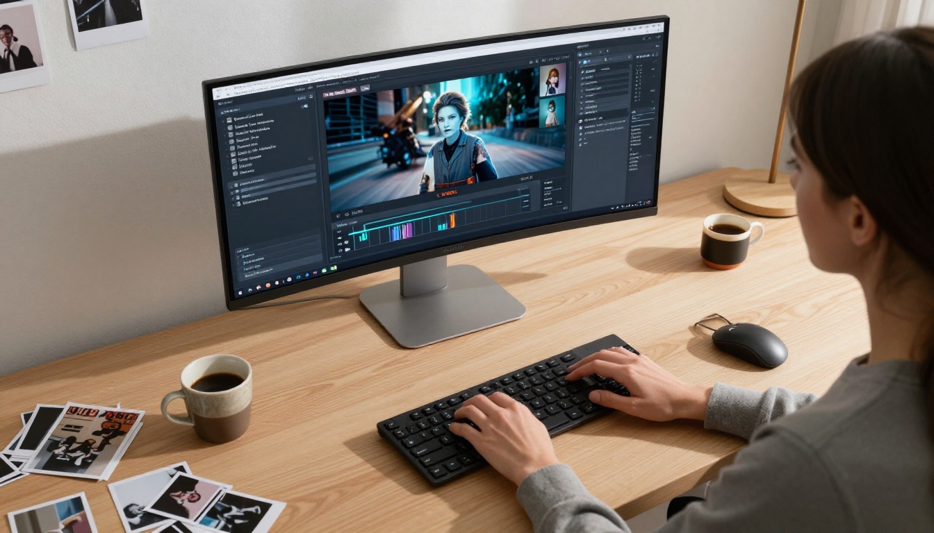 Woman working at an AI video generation dashboard on a minimalist desk