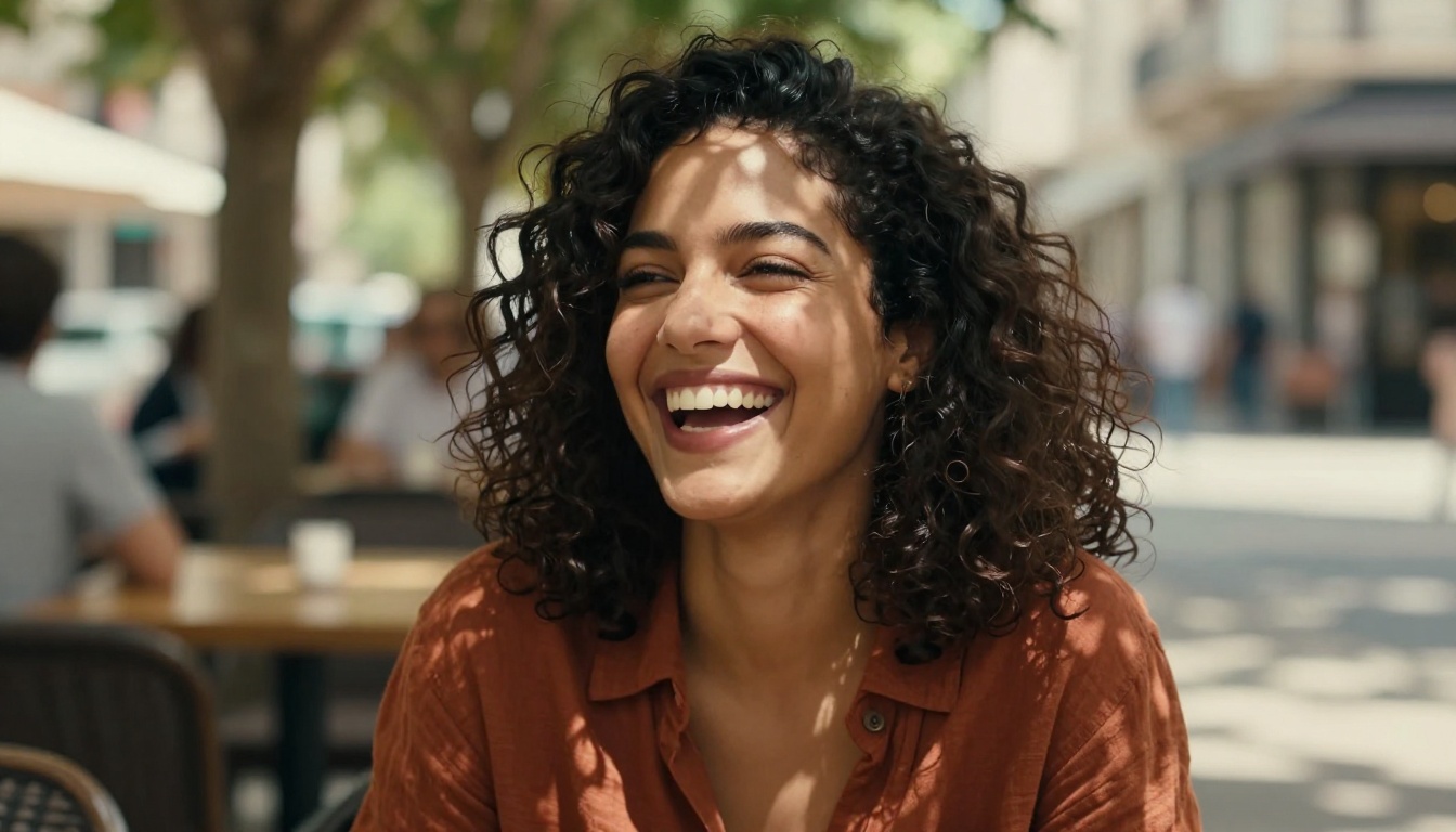 Woman laughing candidly at a sunlit café terrace