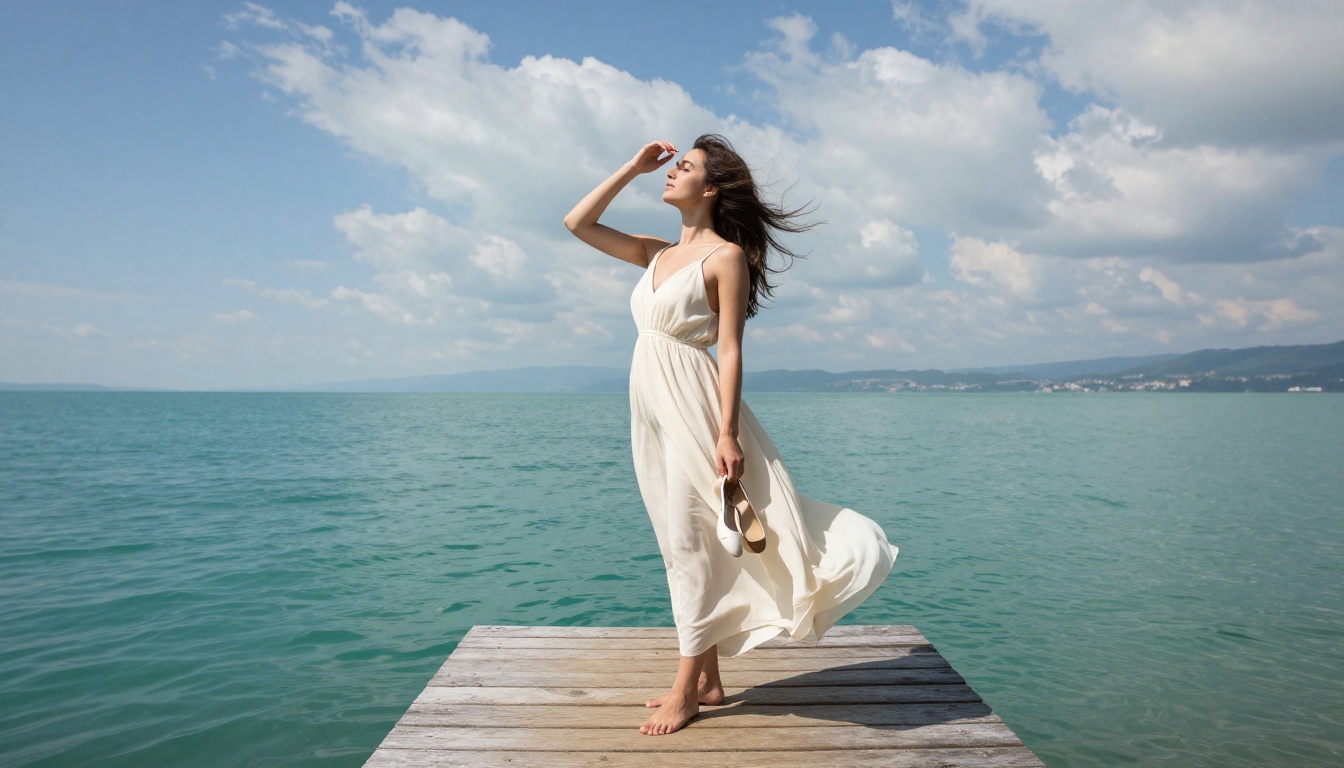 Woman in a flowing ivory sundress on a wooden pier above a turquoise alpine lake