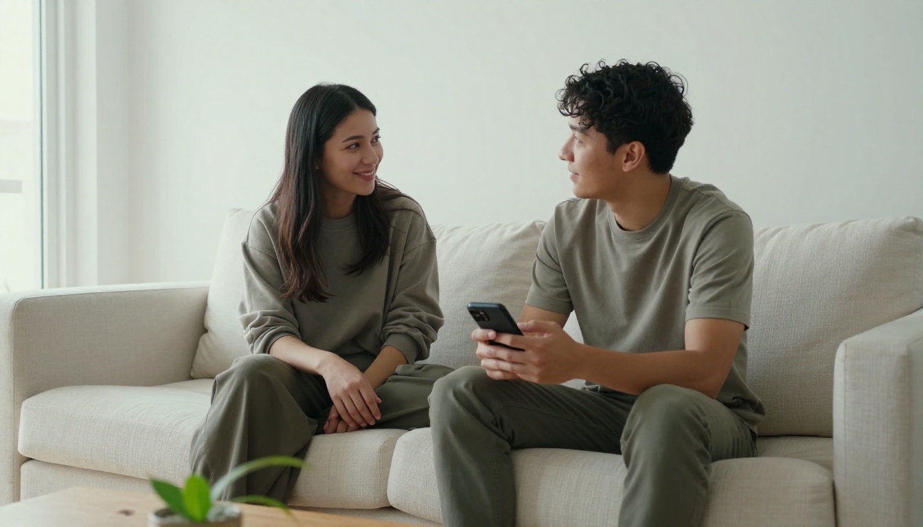 Two people sharing a warm moment on a minimalist cream sofa in a bright modern living room