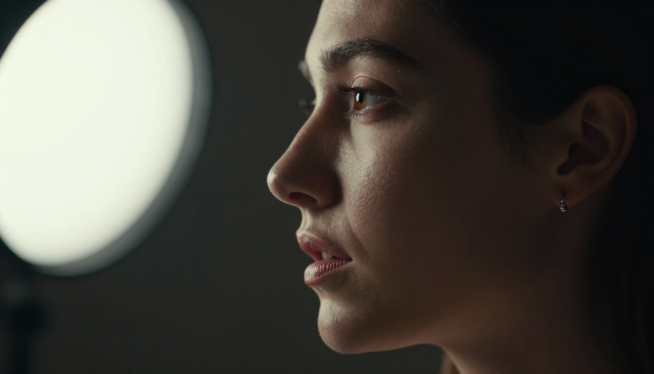 Dramatic profile portrait with Rembrandt lighting and deep atmospheric shadows