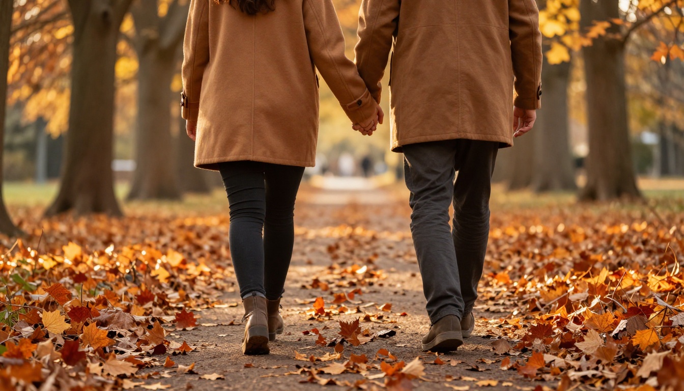 Couple walking hand in hand on a golden autumn park path backlit by late afternoon sun