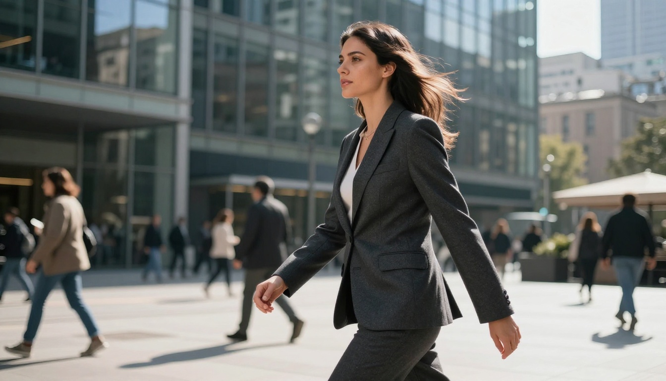 Confident woman in tailored blazer walking through a sunlit urban plaza