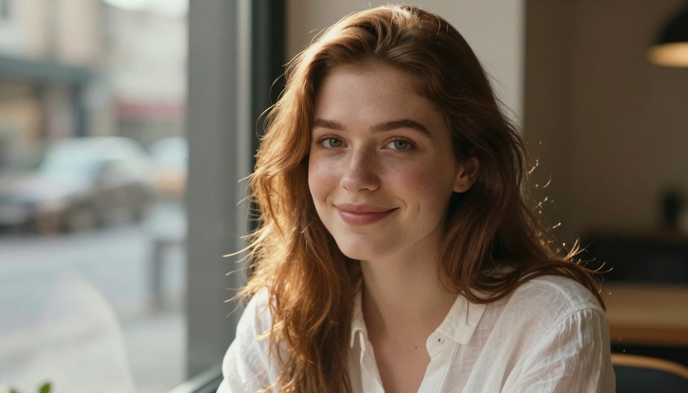 A photorealistic portrait of a young woman with natural auburn hair in soft window backlight