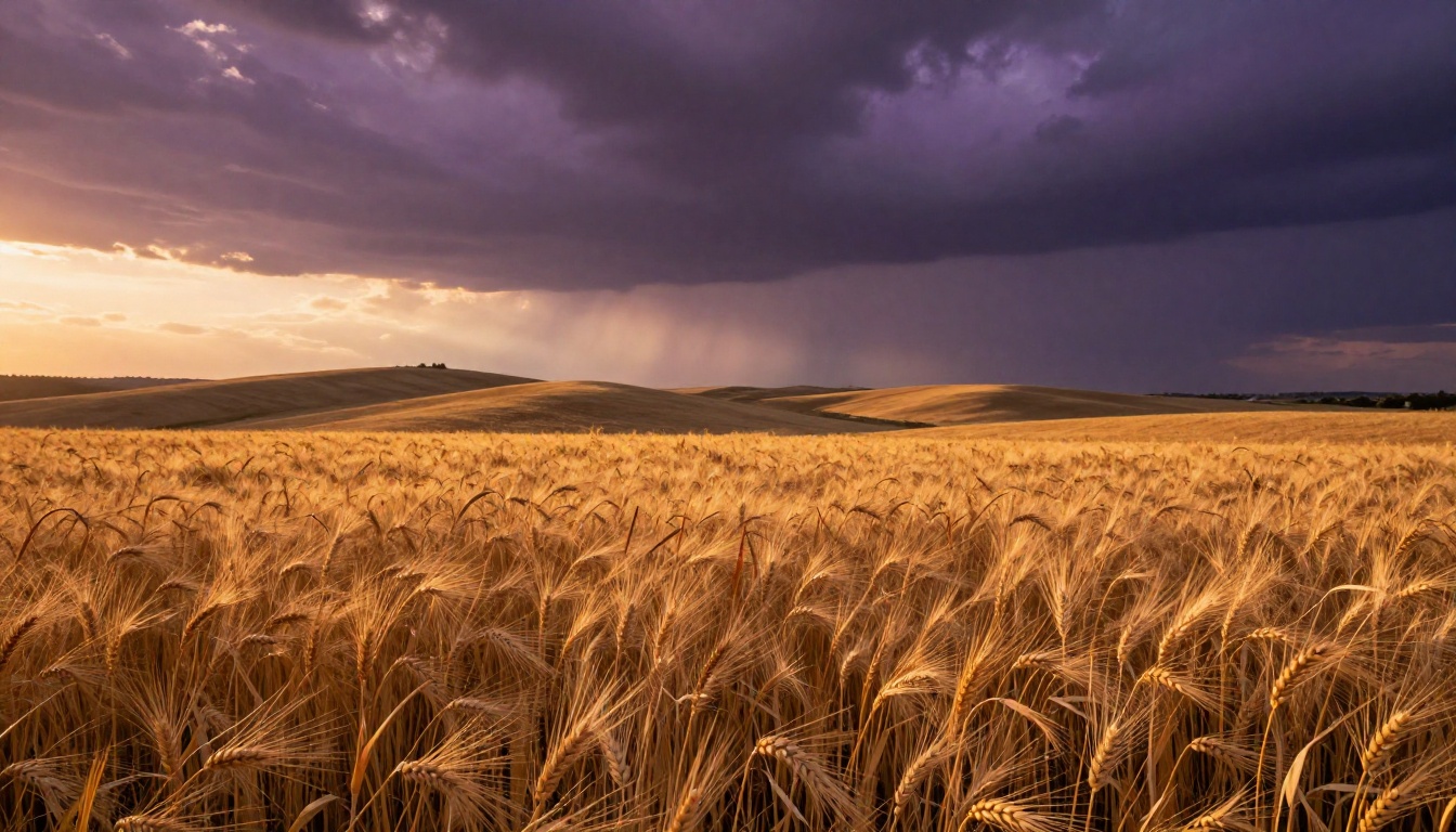 A vast golden wheat field at sunset with dramatic purple storm clouds and volumetric light rays