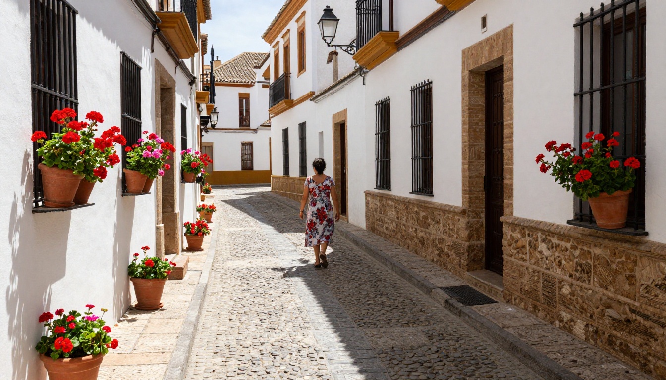 A narrow cobblestone street in Seville with white-washed walls and terracotta flower pots