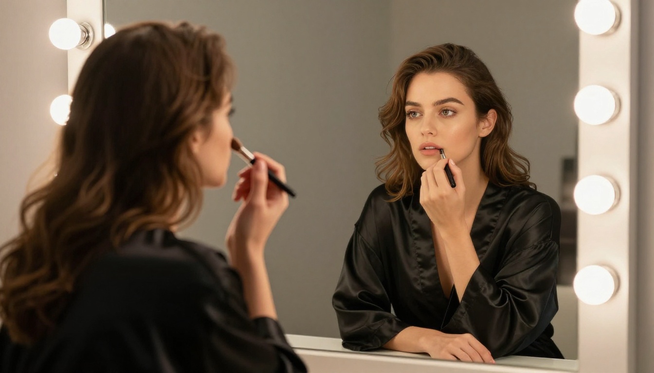 Woman in black silk robe at vanity mirror, soft Hollywood lighting, natural skin texture, photorealistic Woman in black silk robe at vanity mirror, soft Hollywood lighting, natural skin texture, photorealistic