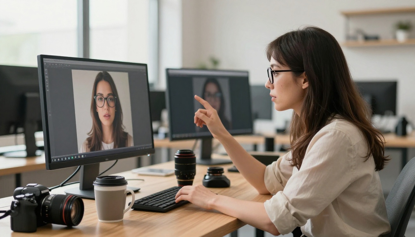 A professional photographer reviewing AI-generated image outputs on a studio monitor