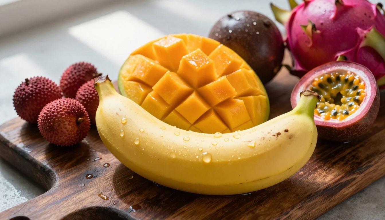 A fresh tropical fruit arrangement on a dark wood board with banana, mango, and water droplets