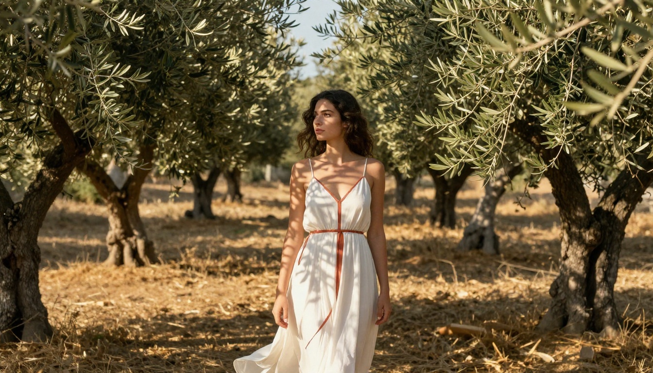 A woman in a sundress standing in a sunlit olive grove showing photorealistic outdoor portrait quality