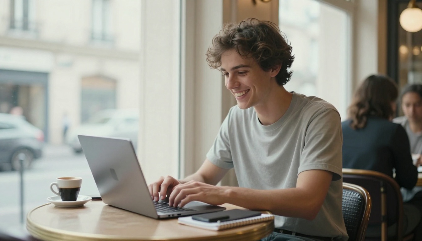 A smiling person using a laptop at a café representing free AI image generation access