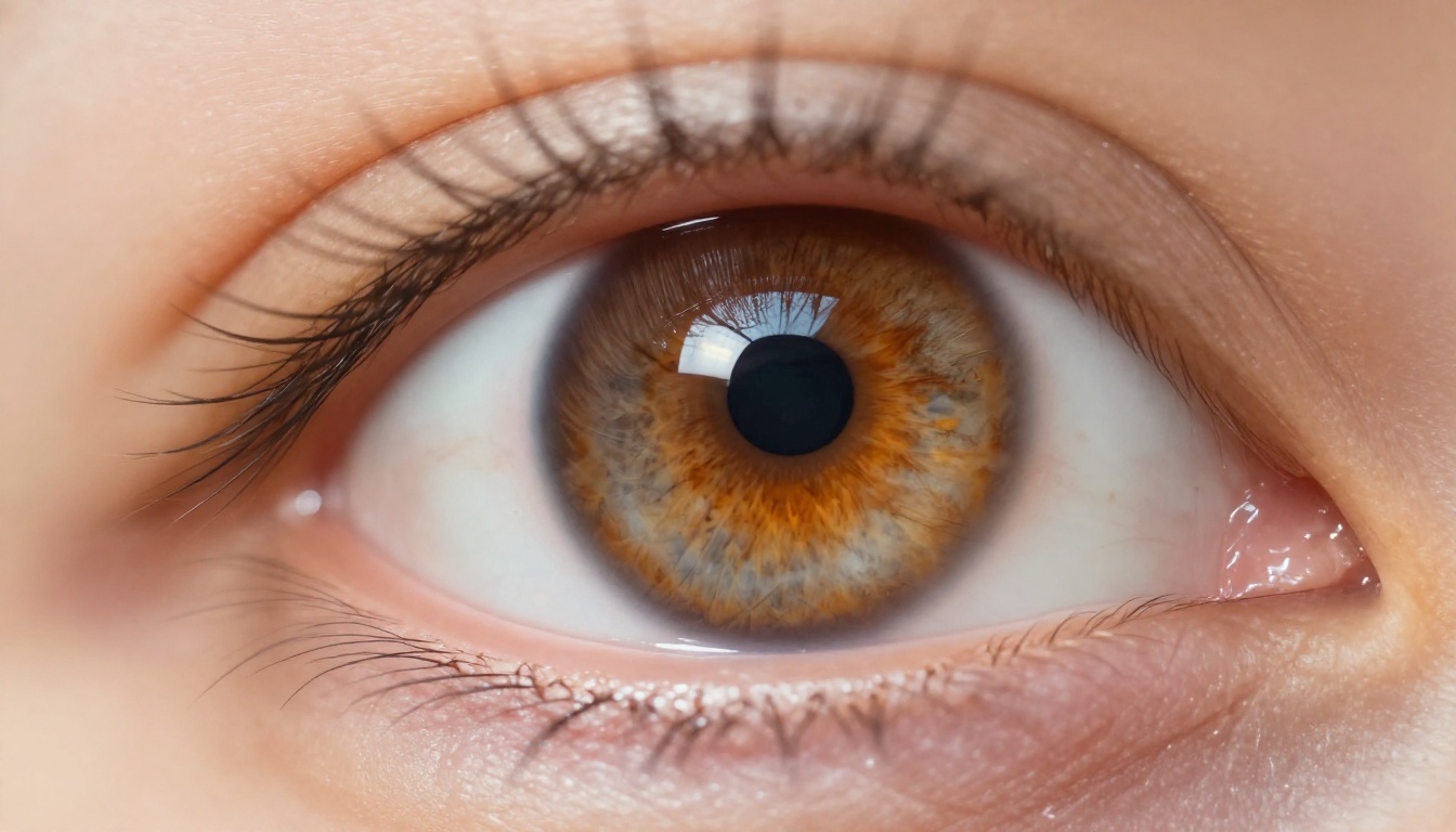 An extreme close-up of a human amber eye showing iris fiber patterns and photorealistic macro detail
