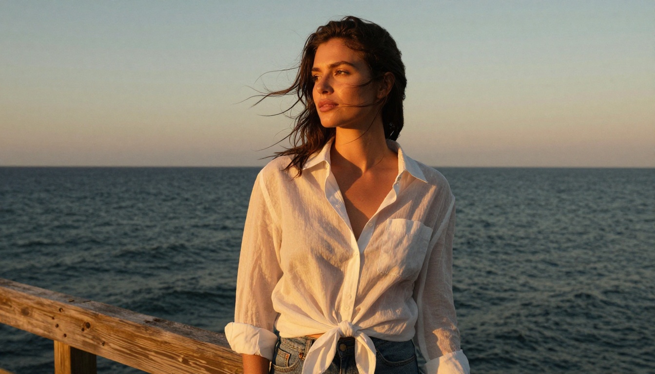 Woman in sheer white shirt on wooden dock, ocean horizon, golden hour light, photorealistic Woman in sheer white shirt on wooden dock, ocean horizon, golden hour light, photorealistic