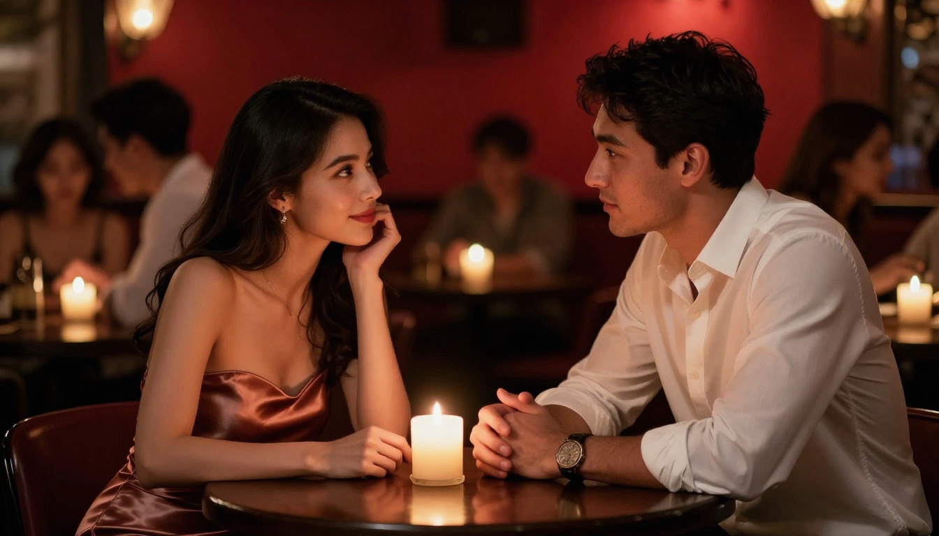Couple at intimate candlelit jazz bar, woman in satin dress and man in white shirt, photorealistic Couple at intimate candlelit jazz bar, woman in satin dress and man in white shirt, photorealistic