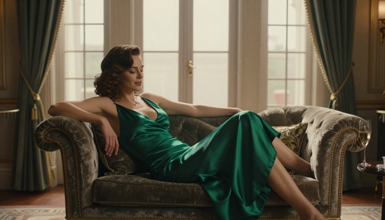 Woman in emerald silk dress on velvet chaise lounge, Art Deco interior, photorealistic Woman in emerald silk dress on velvet chaise lounge, Art Deco interior, photorealistic