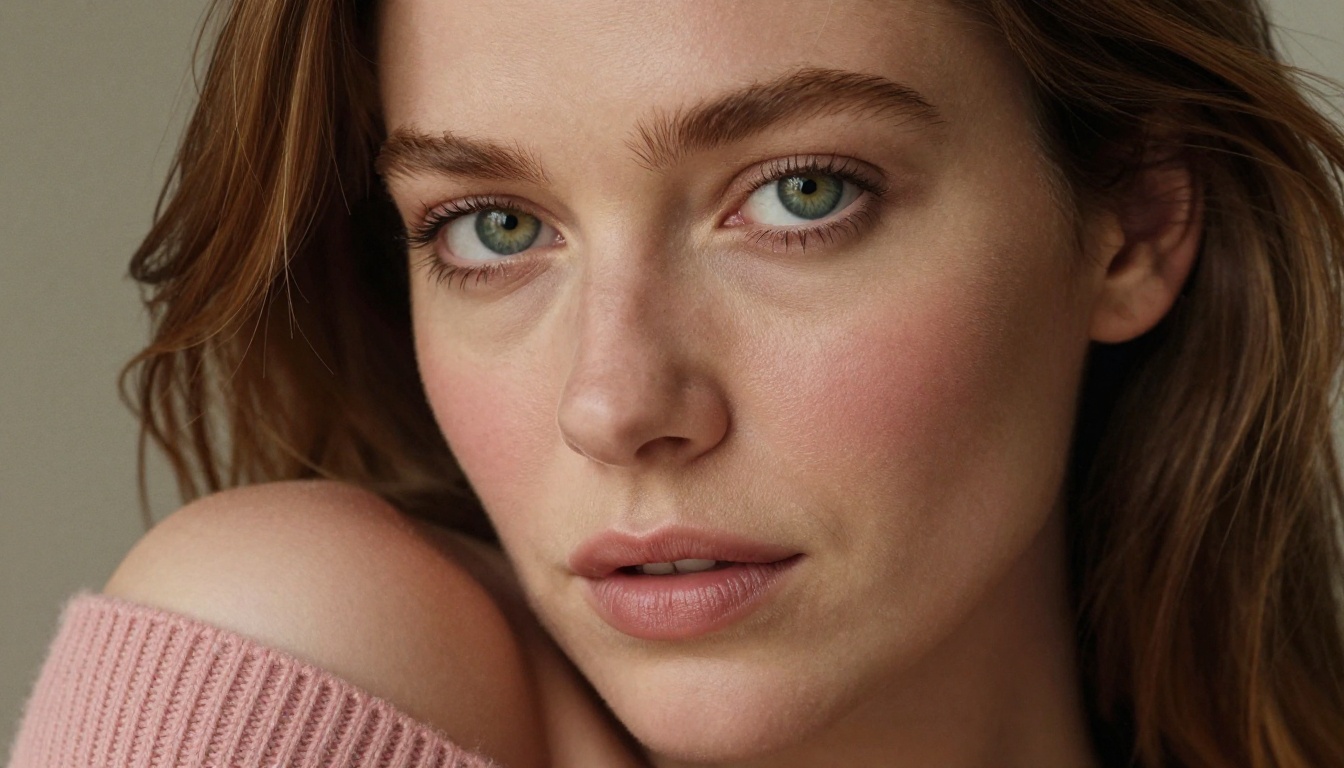 Close-up portrait of woman with green eyes, off-shoulder cashmere sweater, warm studio light, photorealistic Close-up portrait of woman with green eyes, off-shoulder cashmere sweater, warm studio light, photorealistic